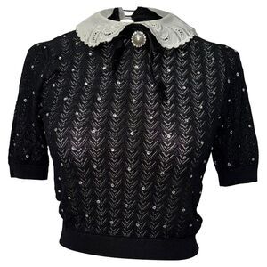 Alessandra Rich Contrast-Collar Crystal-Embellished Knitted Top in Black Wool